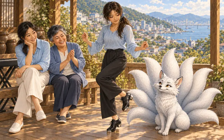 Kaela with her family and Tangles, the nine-tailed fox