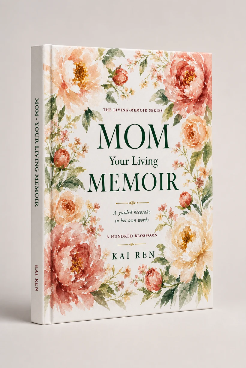 Hardcover mockup of Mom, Your Living Memoir — A Hundred Blossoms