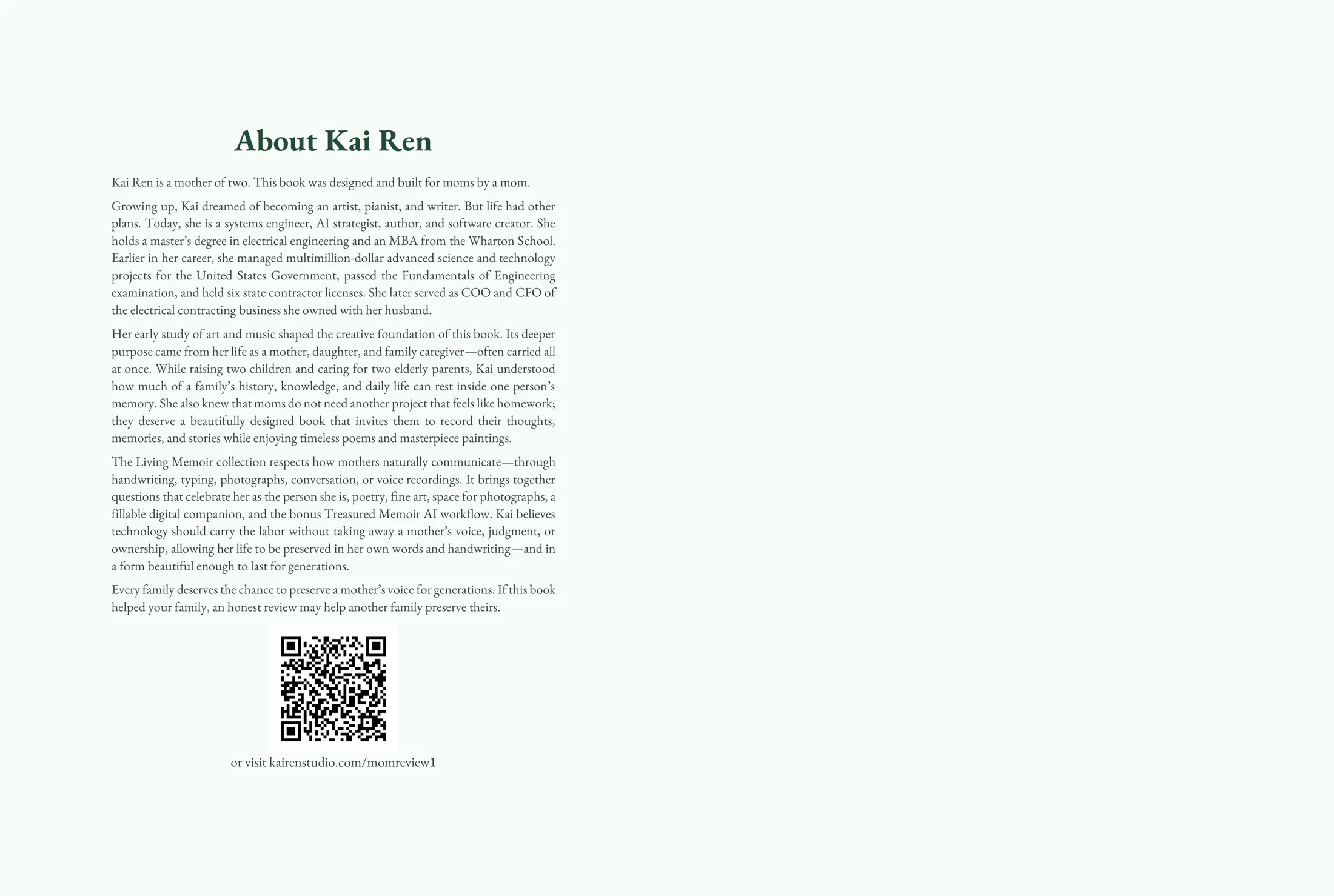 About Kai Ren page from Mom, Your Living Memoir
